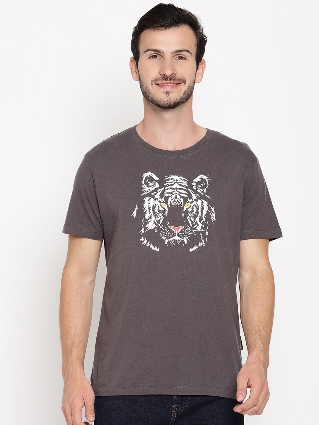 Wolfpack Men Charcoal & White Printed Cotton T-shirt