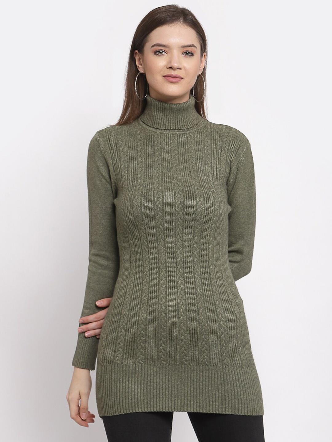 

Mafadeny Women Green Turtle Neck Long Cable Knit Sweater