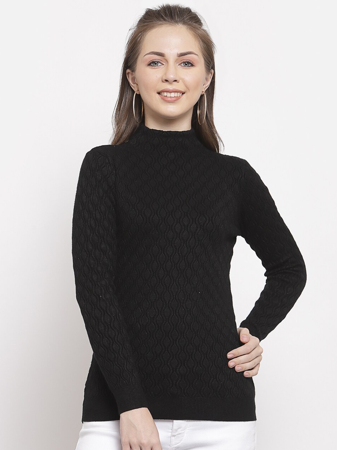 

Mafadeny Women Black Cable Knit Pullover