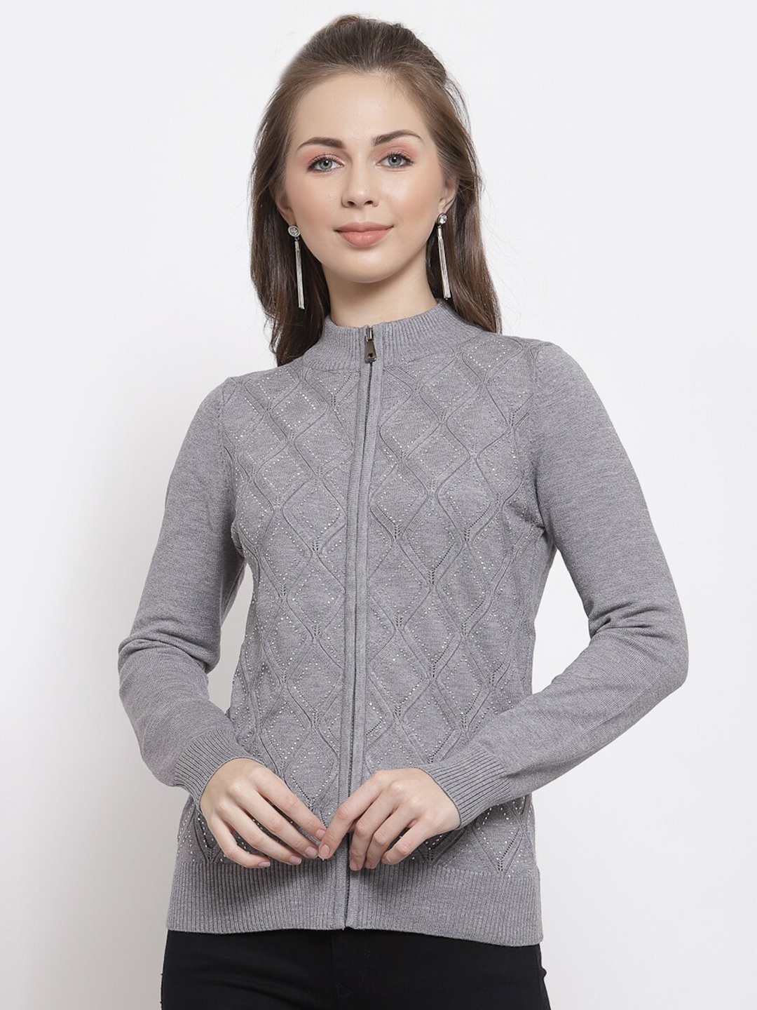 

Mafadeny Women Grey Open Knit Cardigan
