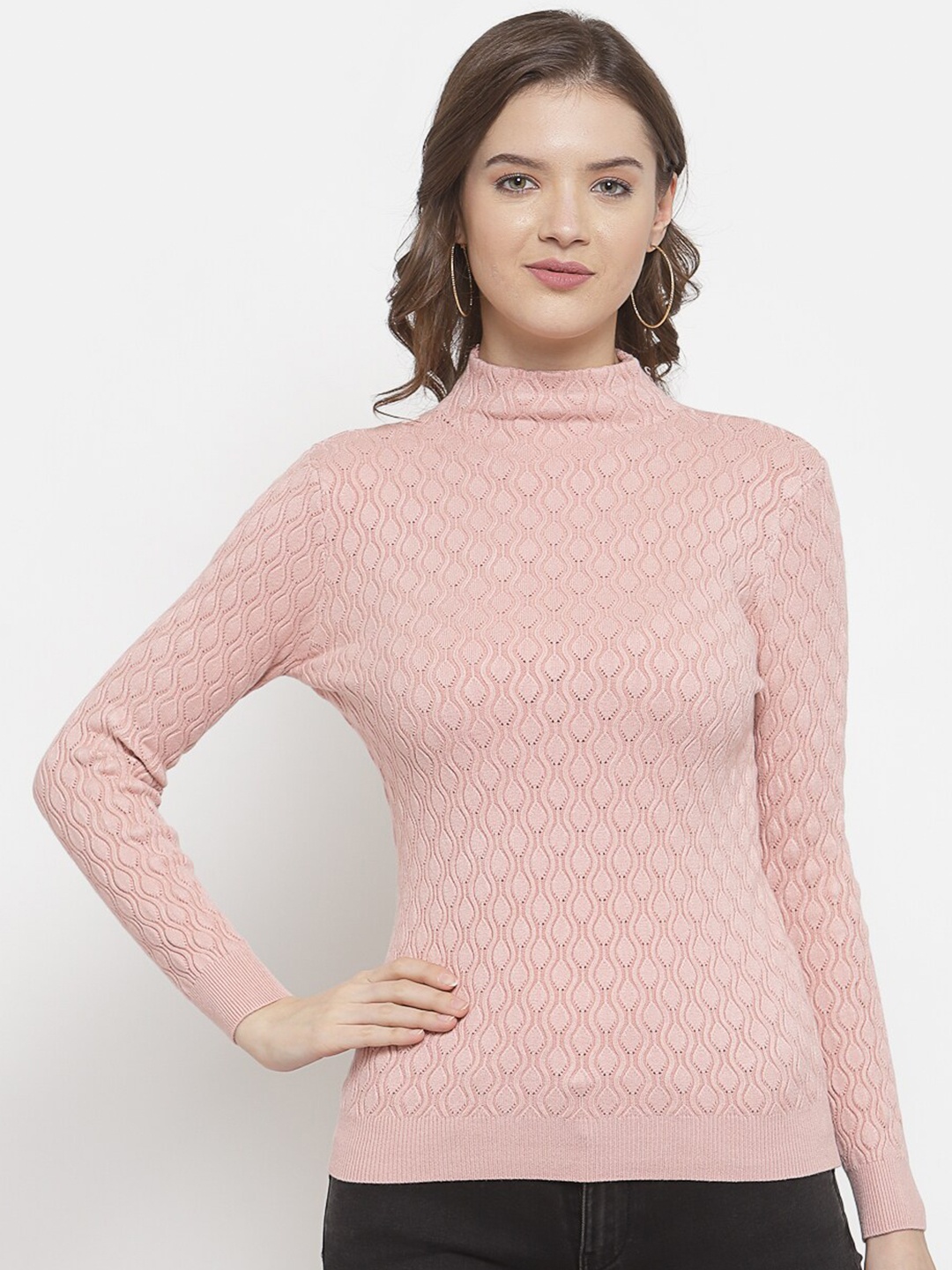 

Mafadeny Women Pink Open Knit Self Design Pullover
