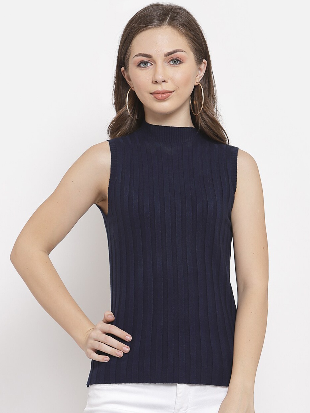 

Mafadeny Women Navy Blue Striped Pullover