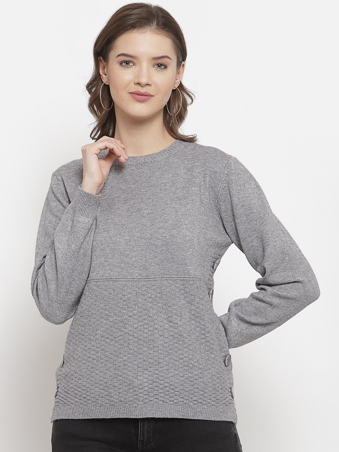 

Mafadeny Women Grey Self-Design Pullover