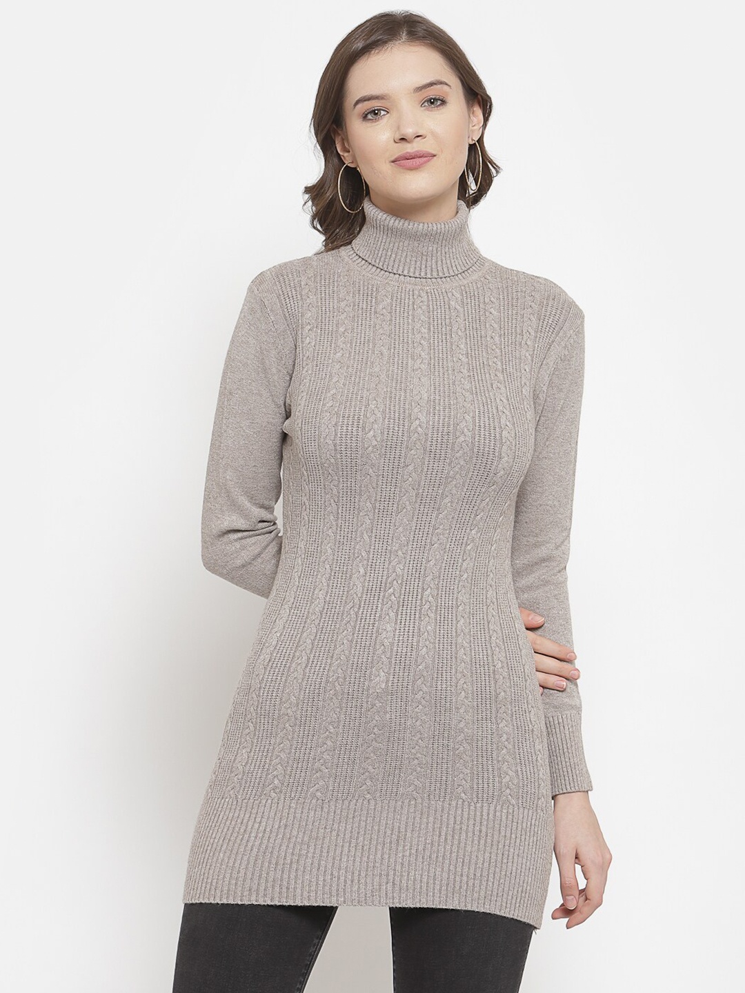 

Mafadeny Women Mauve Cable Knit Longline Pullover