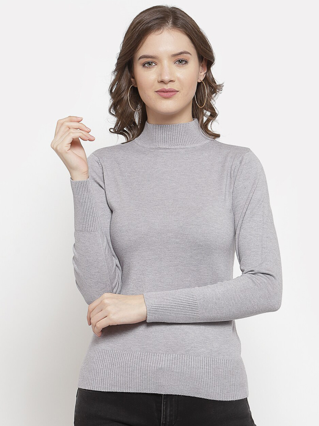 

Mafadeny Women Grey Solid Turtle Neck Knitted Pullover