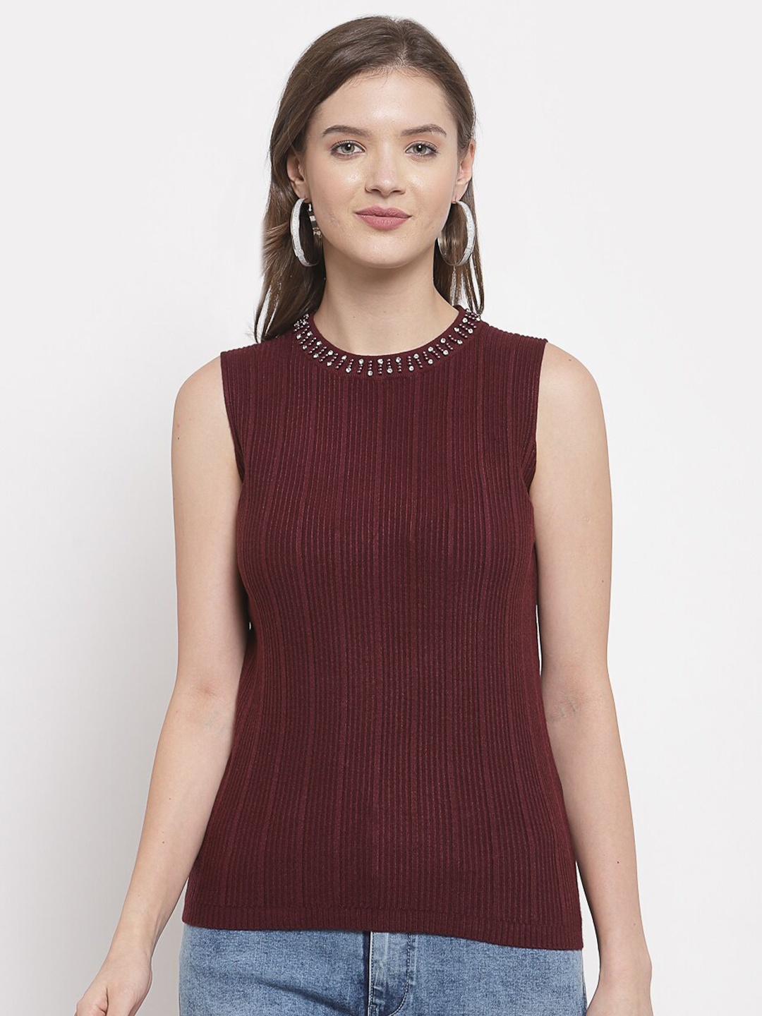 

Mafadeny Women Maroon Striped Pullover
