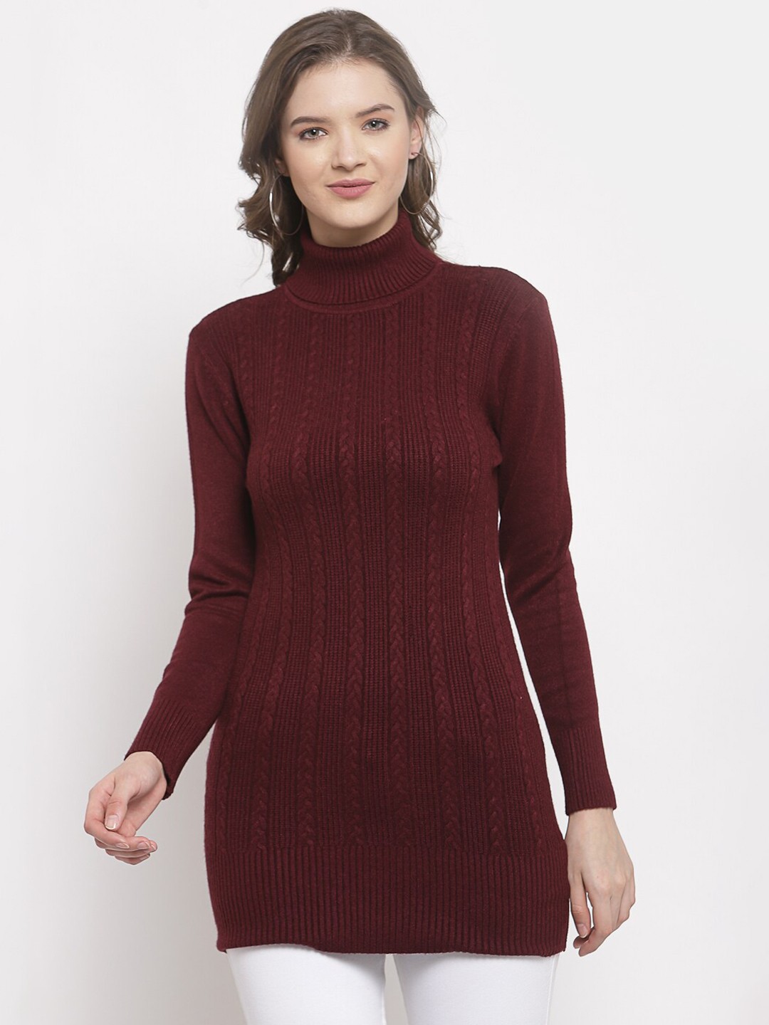 

Mafadeny Women Maroon Cable Knit Longline Pullover
