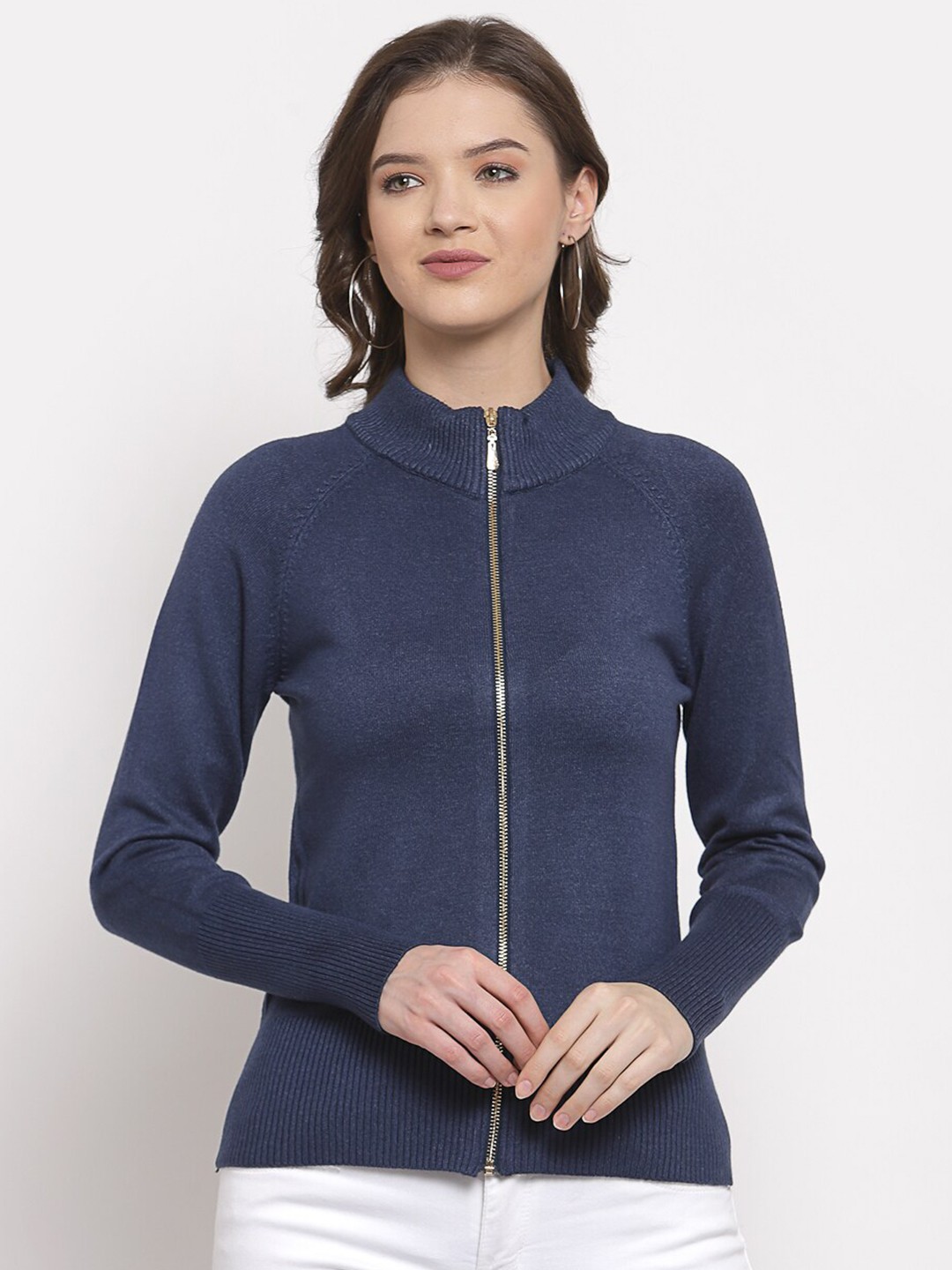 

Mafadeny Women Blue Front-Open with Zip Detail Sweater