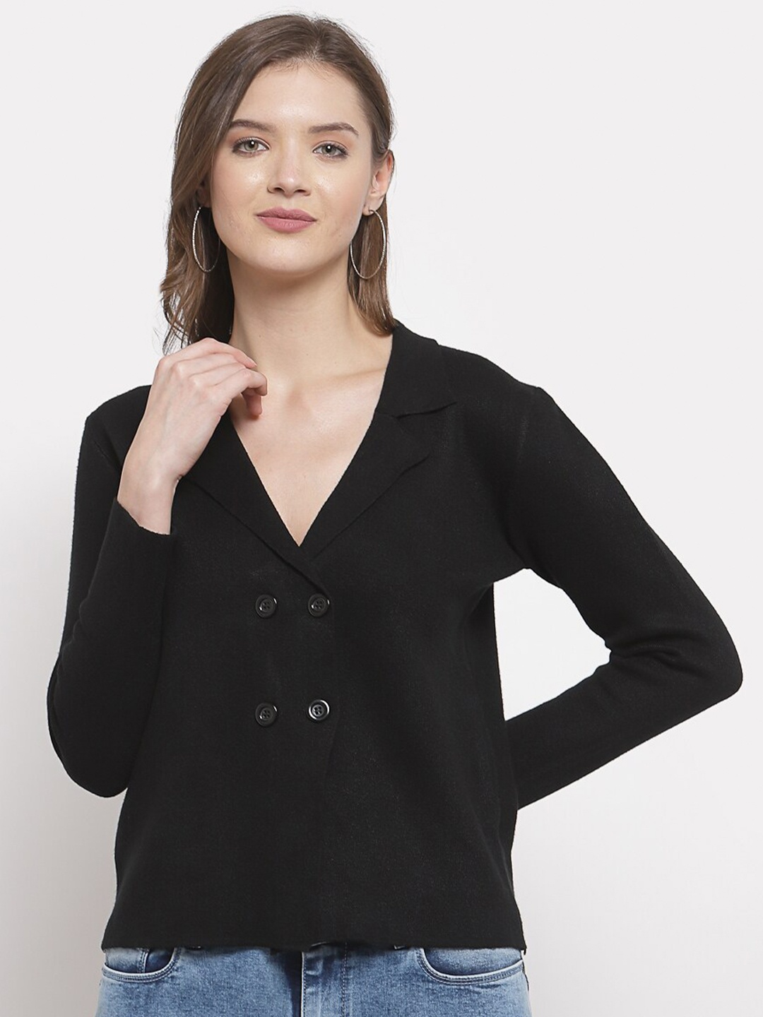 

Mafadeny Women Black Solid Collared Woollen Cardigan