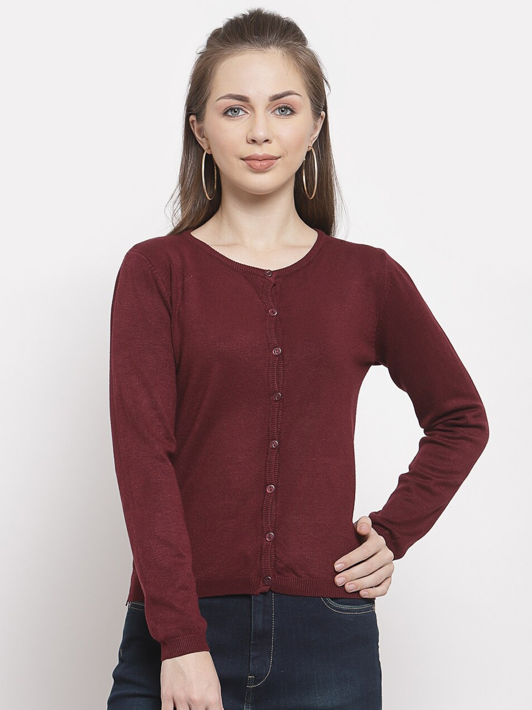 

Mafadeny Women Maroon Solid Long Sleeves Viscose Cardigan