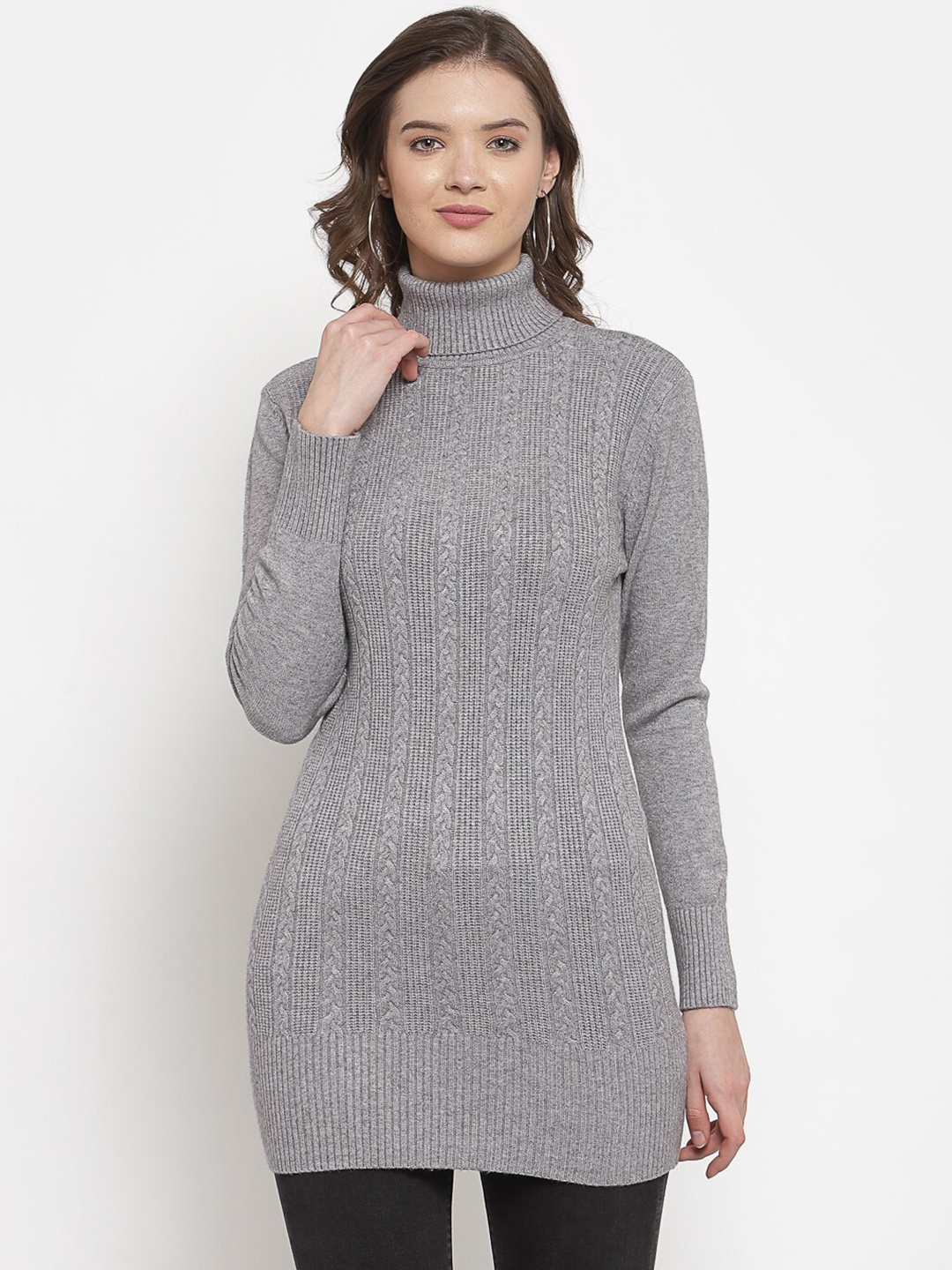 

Mafadeny Women Grey Long Turtle Neck Cable Knit Sweater