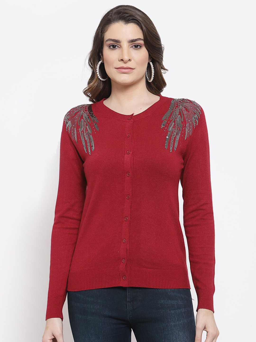 

Mafadeny Women Maroon Cardigan with Embellished Detail