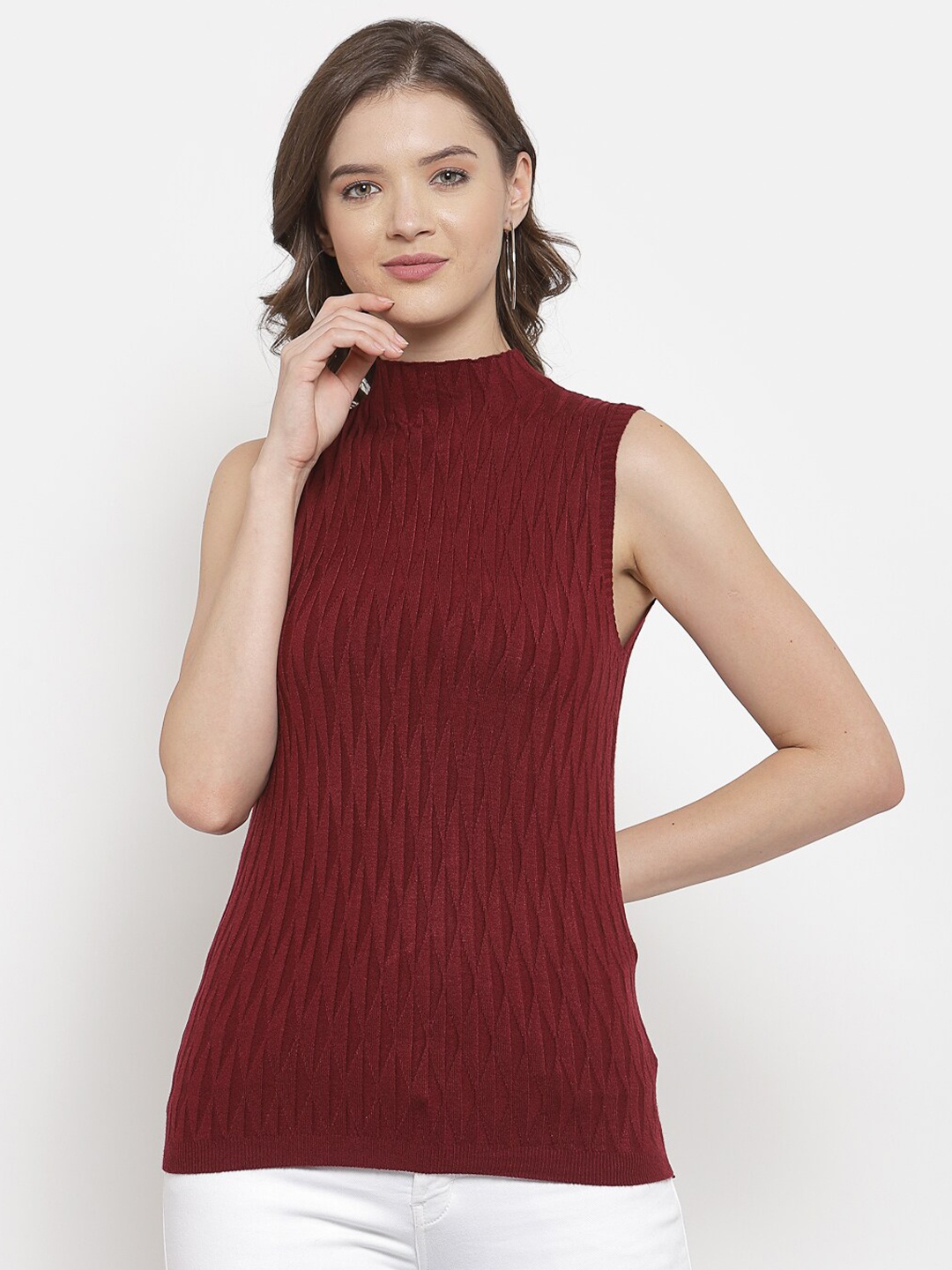 

Mafadeny Women Maroon Self Design Turtle Neck Sweater Vest