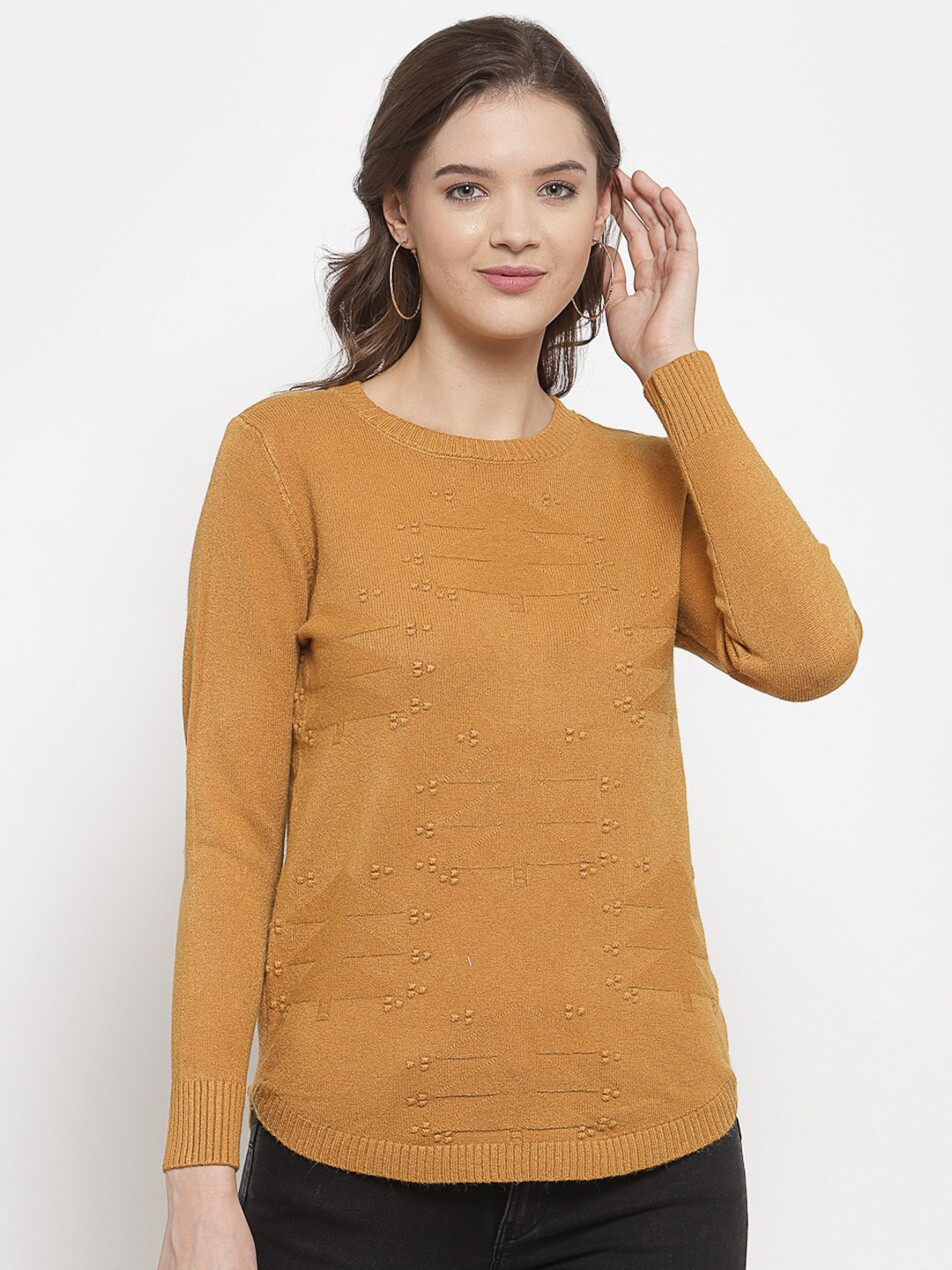 

Mafadeny Women Mustard Self Design Pullover