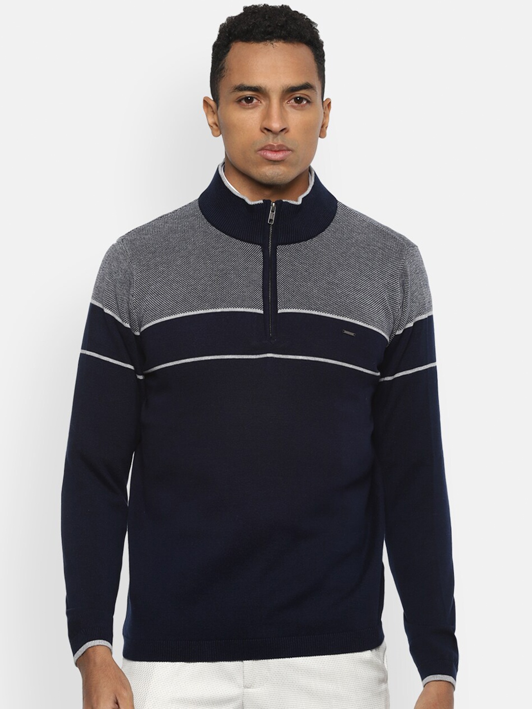 

Van Heusen Men Navy Blue & Grey Colourblocked Pullover