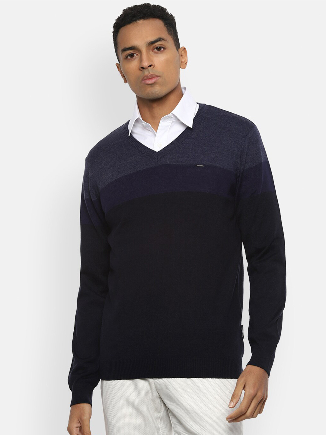 

Van Heusen Men Navy Blue & Black Colourblocked Pullover