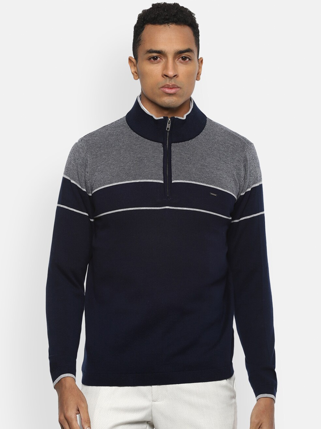 

Van Heusen Men Navy Blue & Grey Colourblocked Pure Cotton Pullover