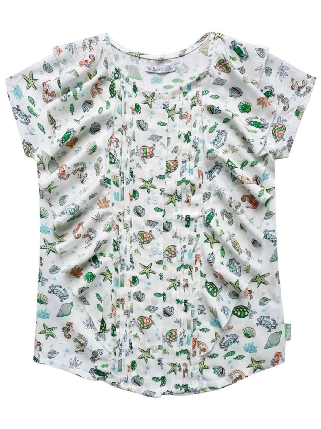 

milou White & Green Printed Regular Top With Pleated & Ruffles Detail