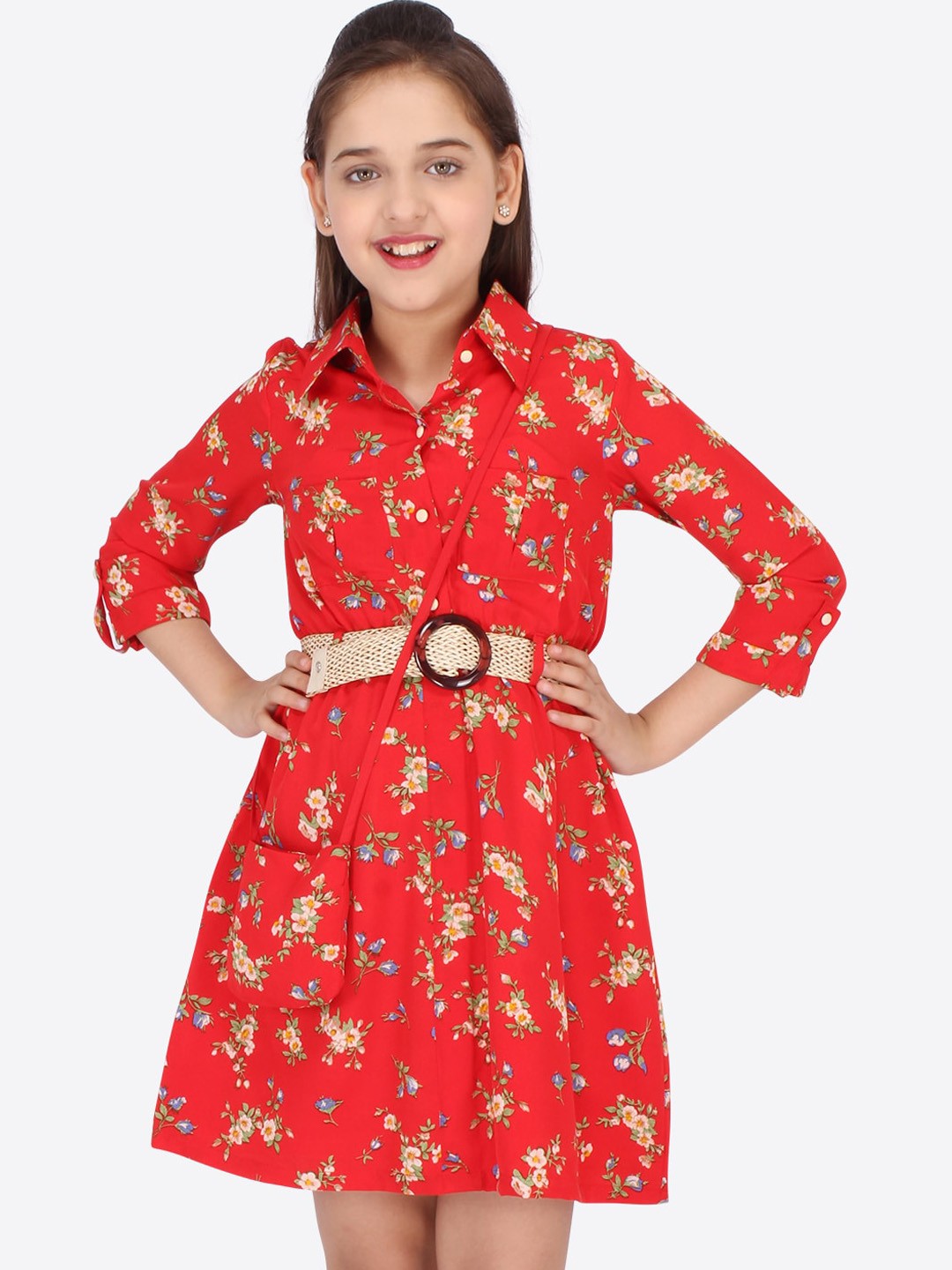 

CUTECUMBER Girls Red Floral Shirt Dress