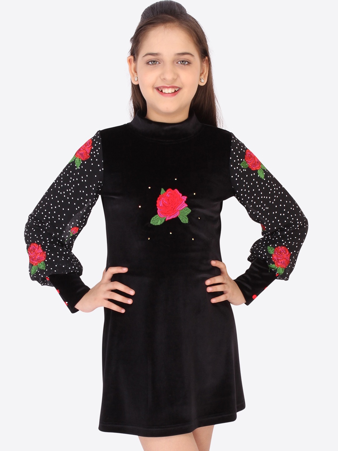 

CUTECUMBER Girls Black & Red Floral Embroidered Velvet Dress