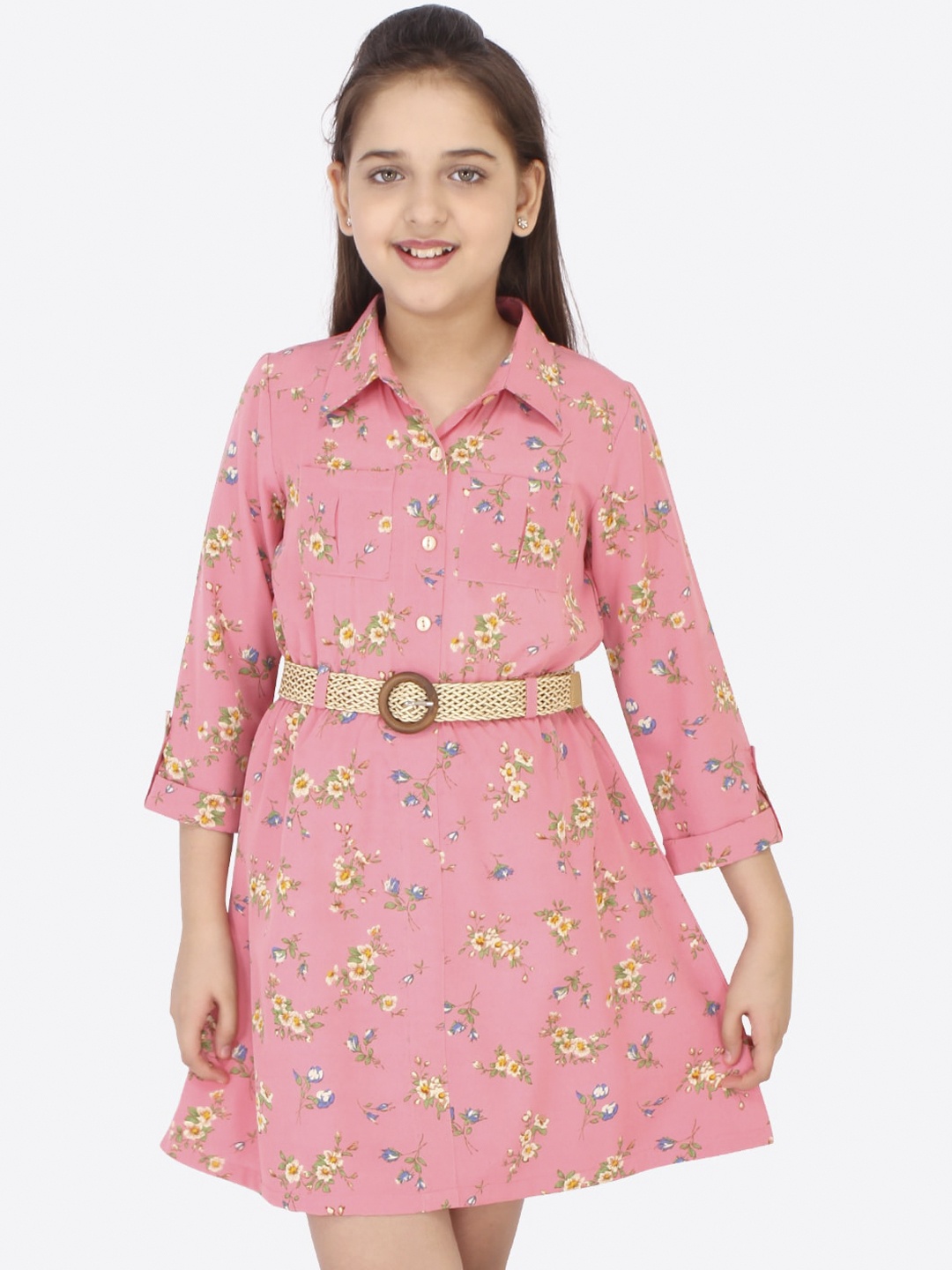 

CUTECUMBER Girls Pink & Yellow Floral Printed Shirt Dress