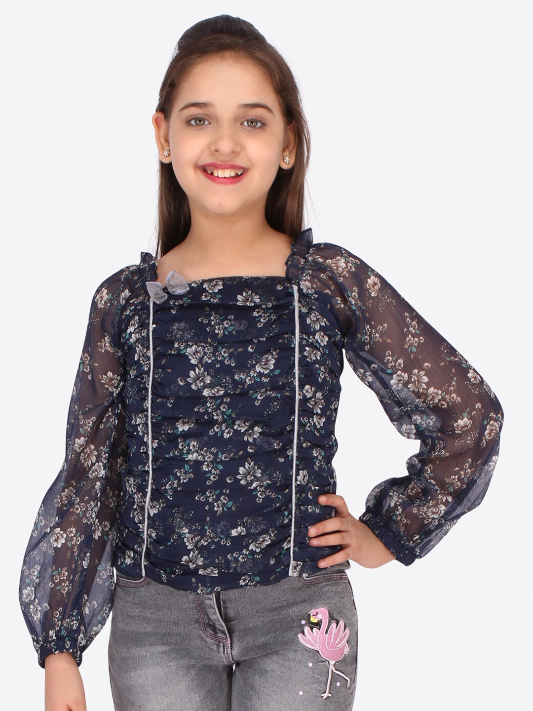 

CUTECUMBER Girls Navy Blue Floral Chiffon Regular Top