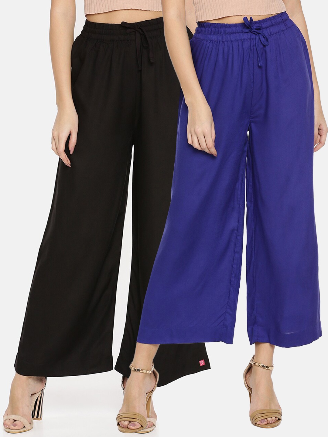 

TWIN BIRDS Women Set of 2 Black & Blue Solid Wide Leg Palazzo