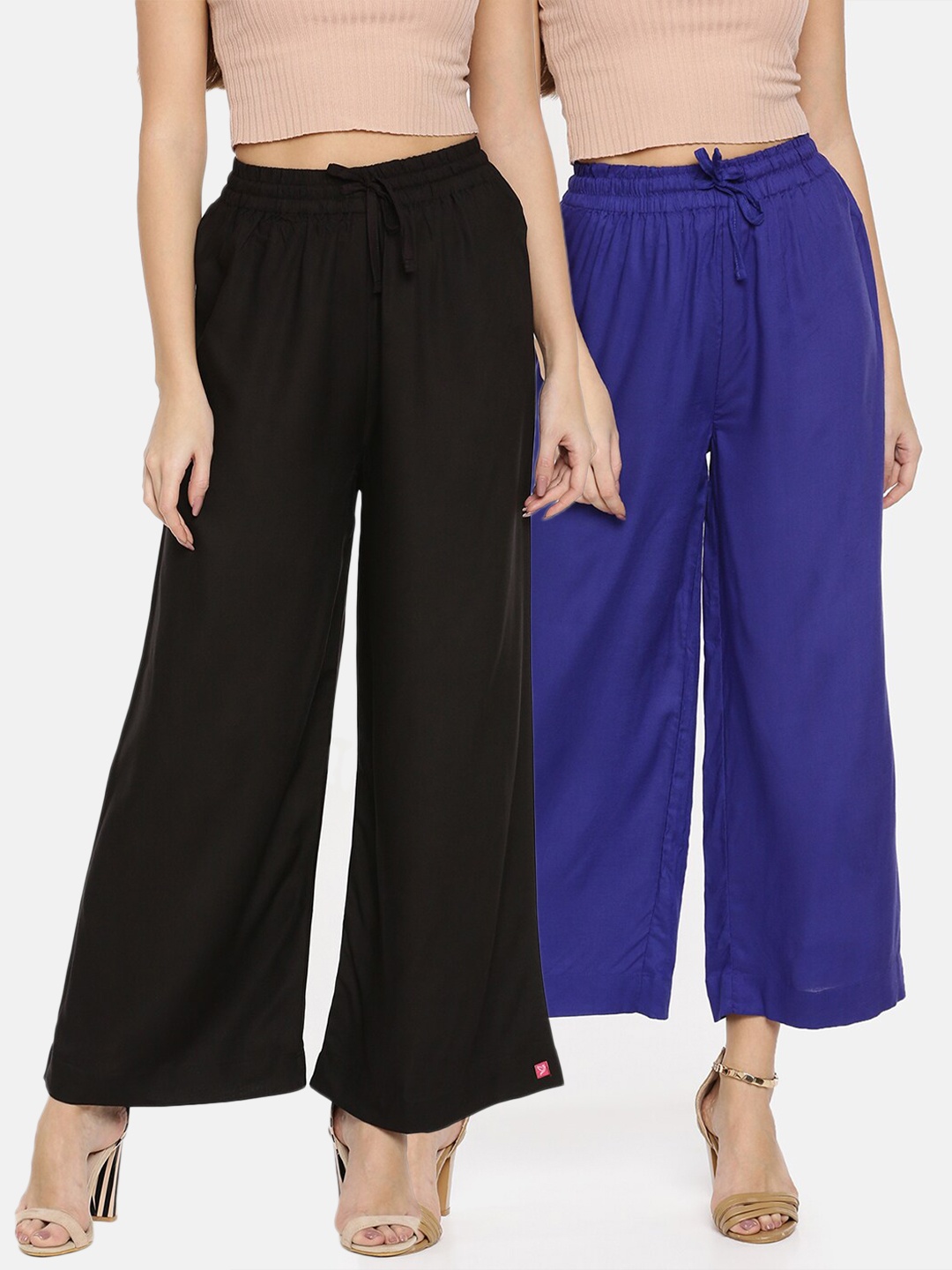 

TWIN BIRDS Women Pack Of 2 Black & Blue Solid Wide Leg Palazzos