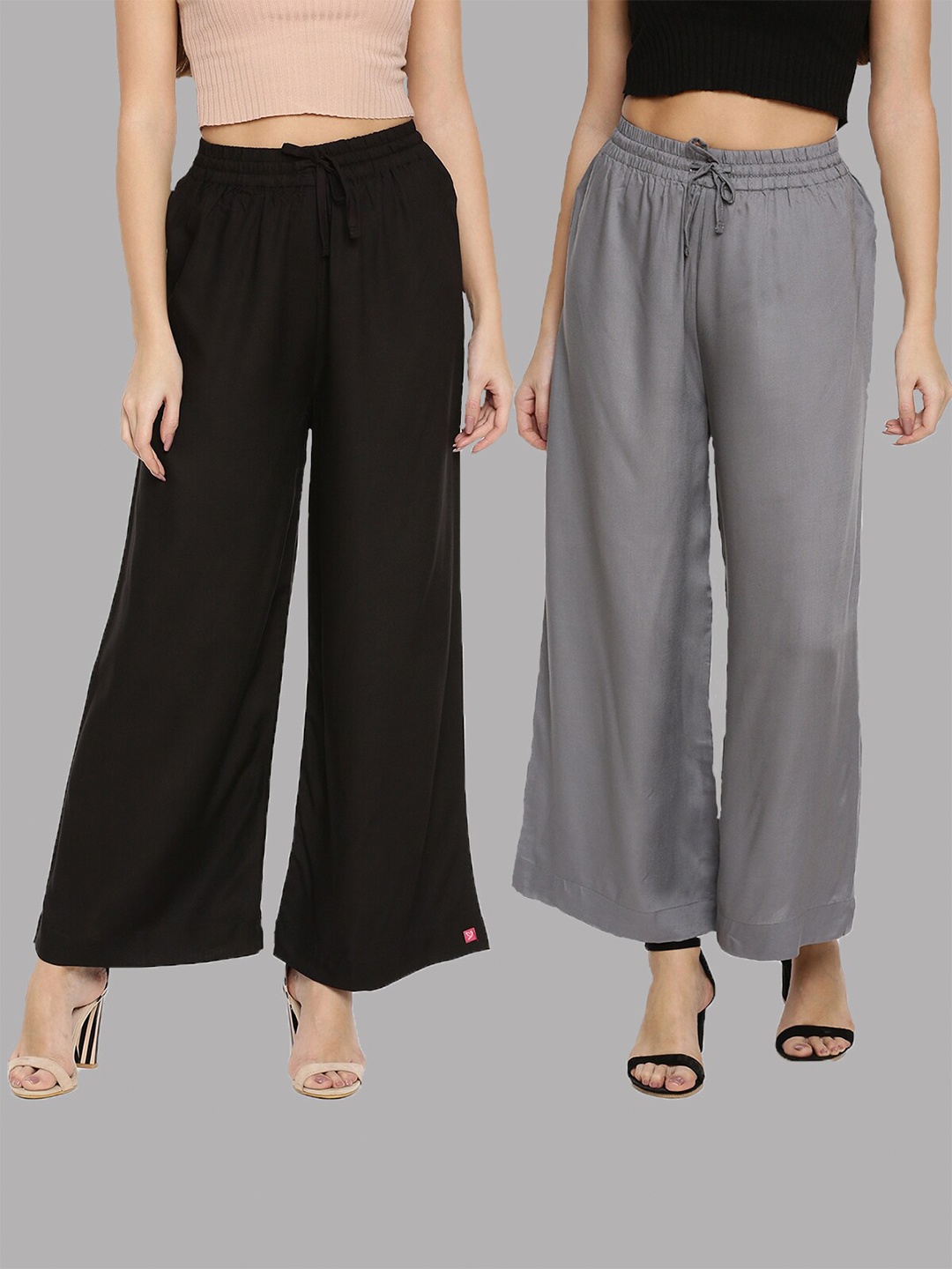 

TWIN BIRDS Women Pack of 2 Black & Grey Solid Palazzos