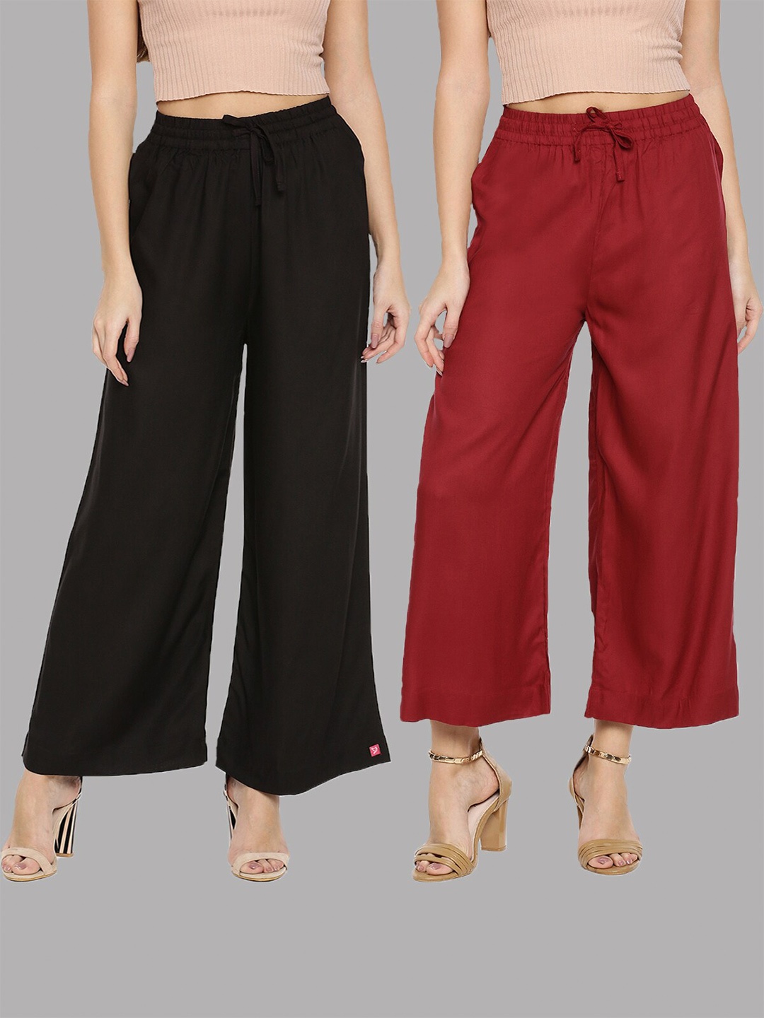 

TWIN BIRDS Women Pack of 2 Black & Maroon Solid Wide Leg Palazzos