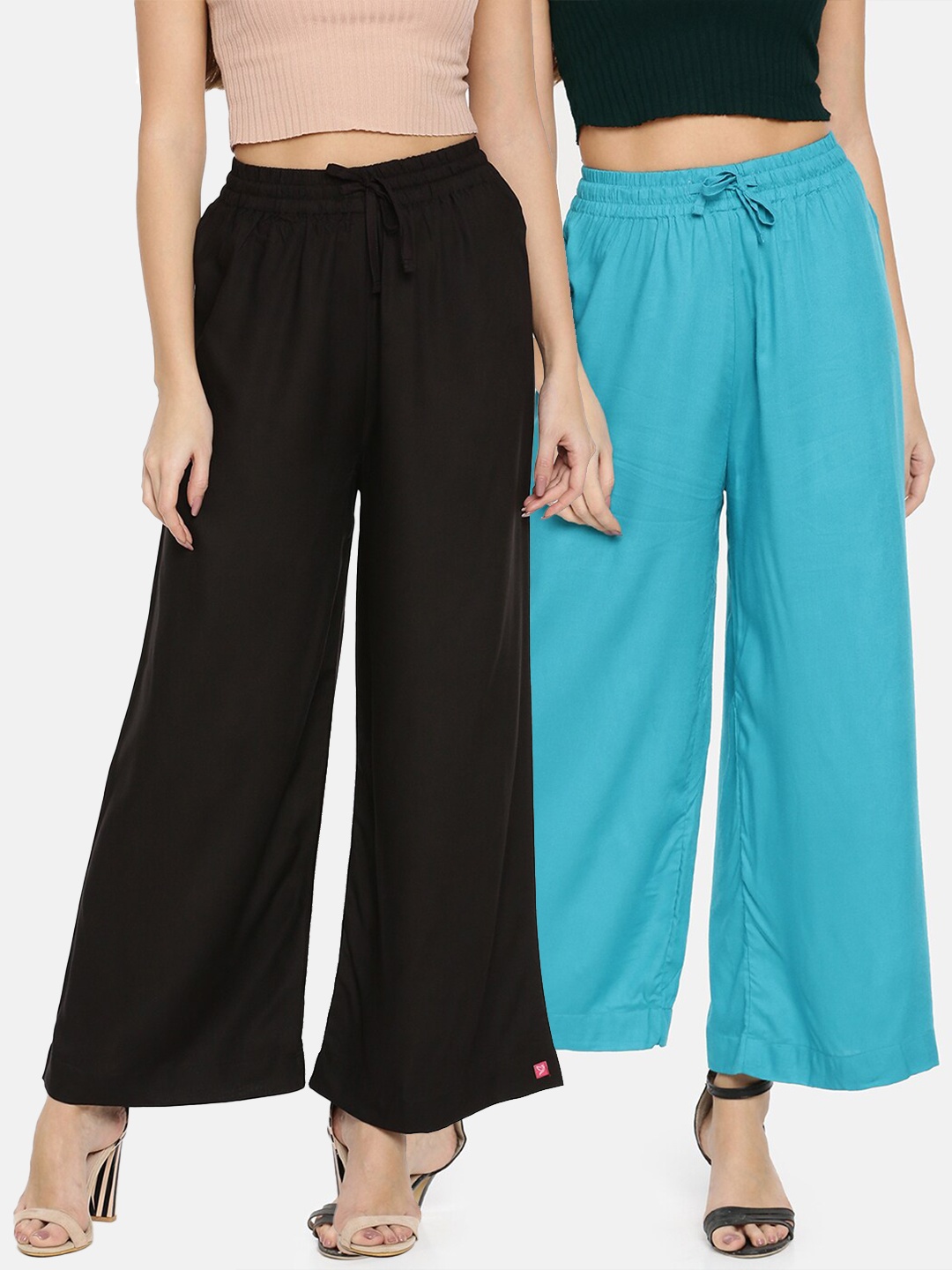 

TWIN BIRDS Women Set of 2 Black & Blue Solid Wide Leg Palazzos