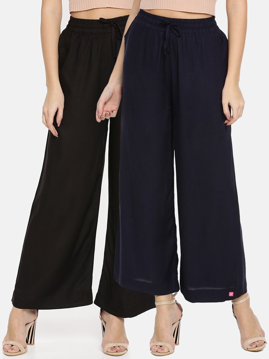

TWIN BIRDS Women Pack of 2 Black & Navy Blue Solid Wide Leg Palazzos