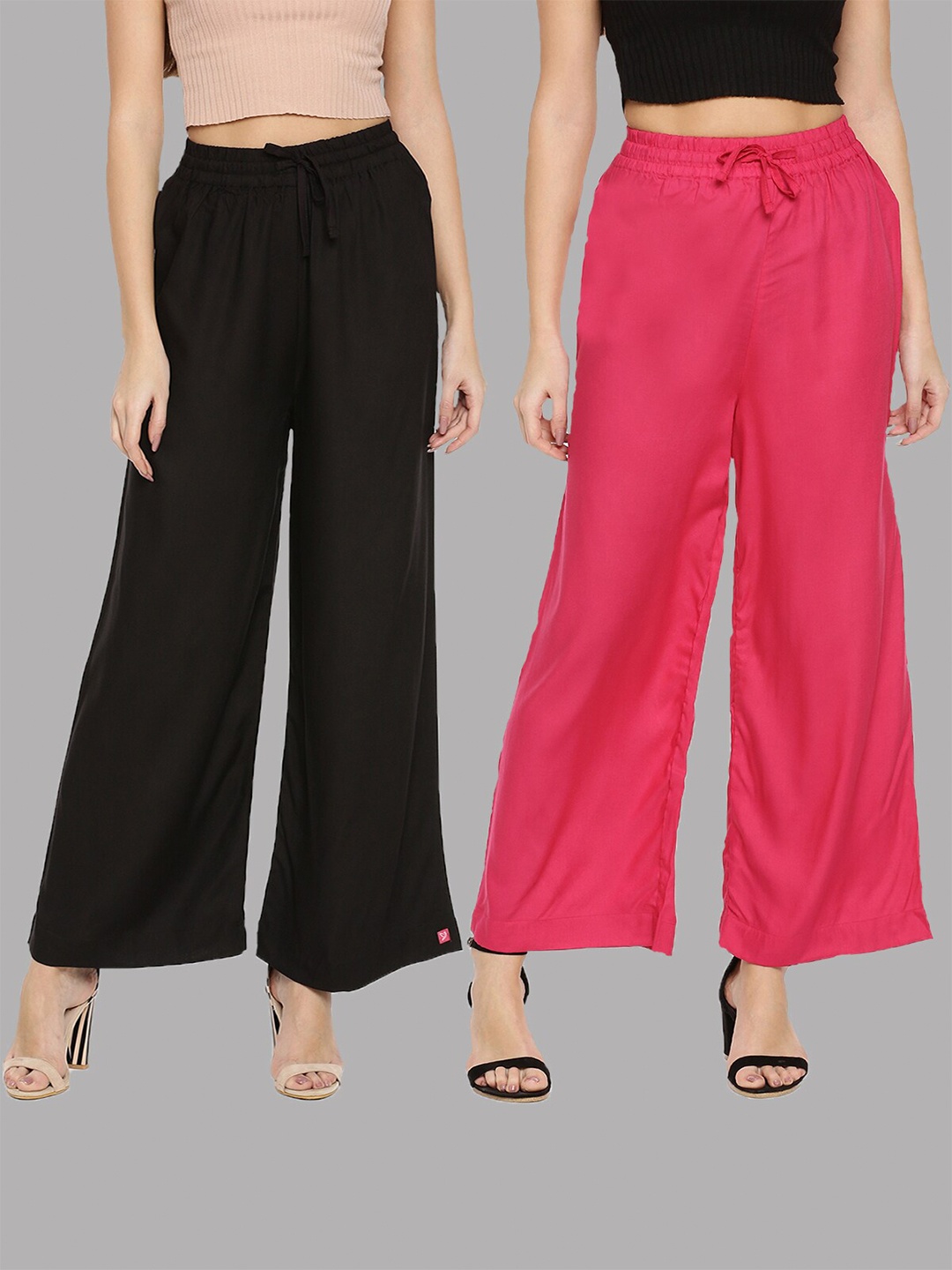 

TWIN BIRDS Women Pack of 2 Black & Pink Solid Wide Leg Palazzos