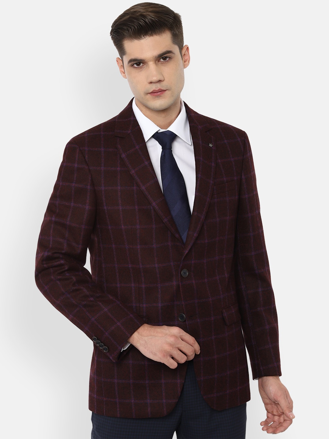 

Louis Philippe Men Maroon Checked Pure Wool Single Breasted Blazer