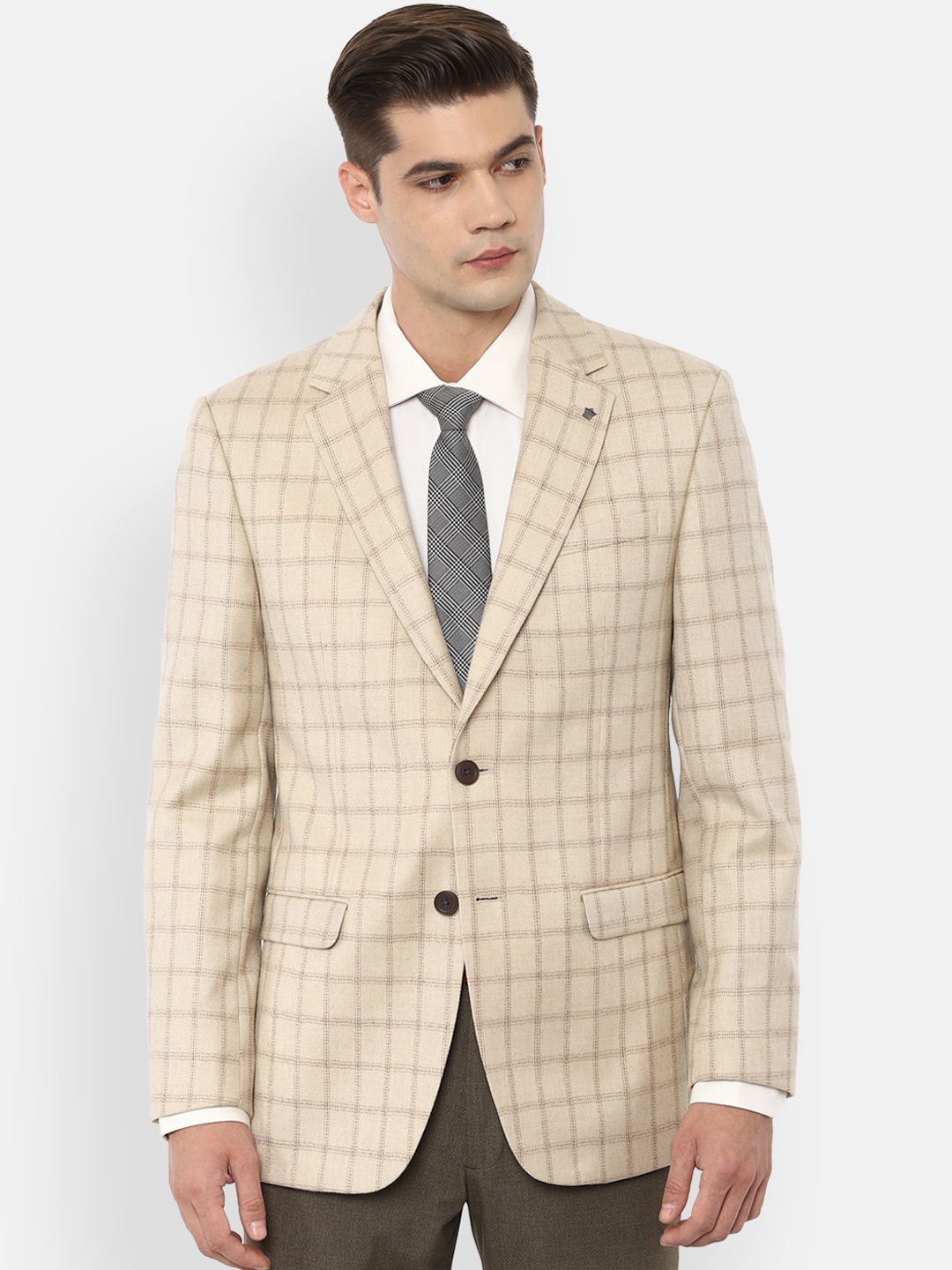 

Louis Philippe Men Beige Checked Regular Fit Single Breasted Pure Wool Blazer