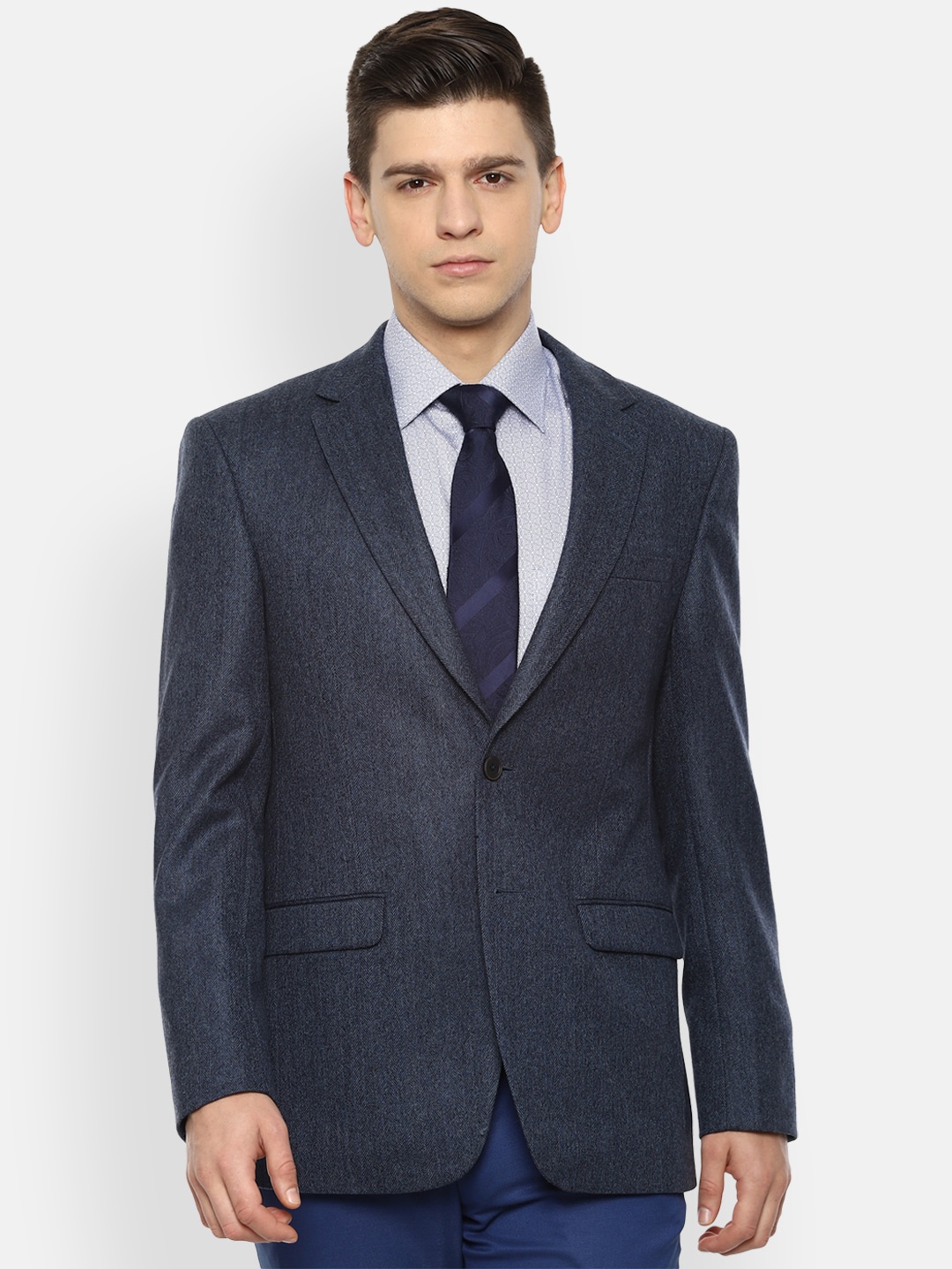 

Louis Philippe Men Navy Blue Self Design Single-Breasted Formal Blazer