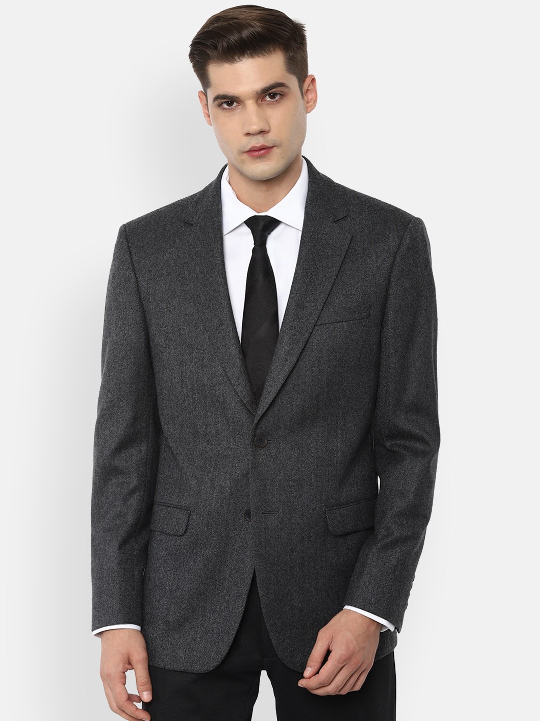 

Louis Philippe Men Grey Textured Pure Wool Single Breasted Blazer