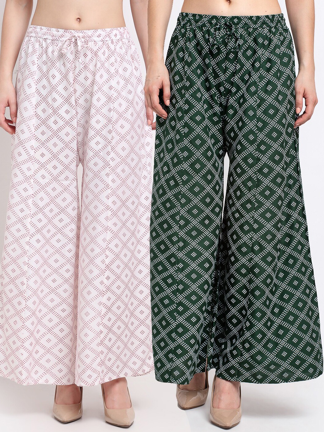 

GRACIT Women White & Green Printed Flared Knitted Palazzos pack of 2