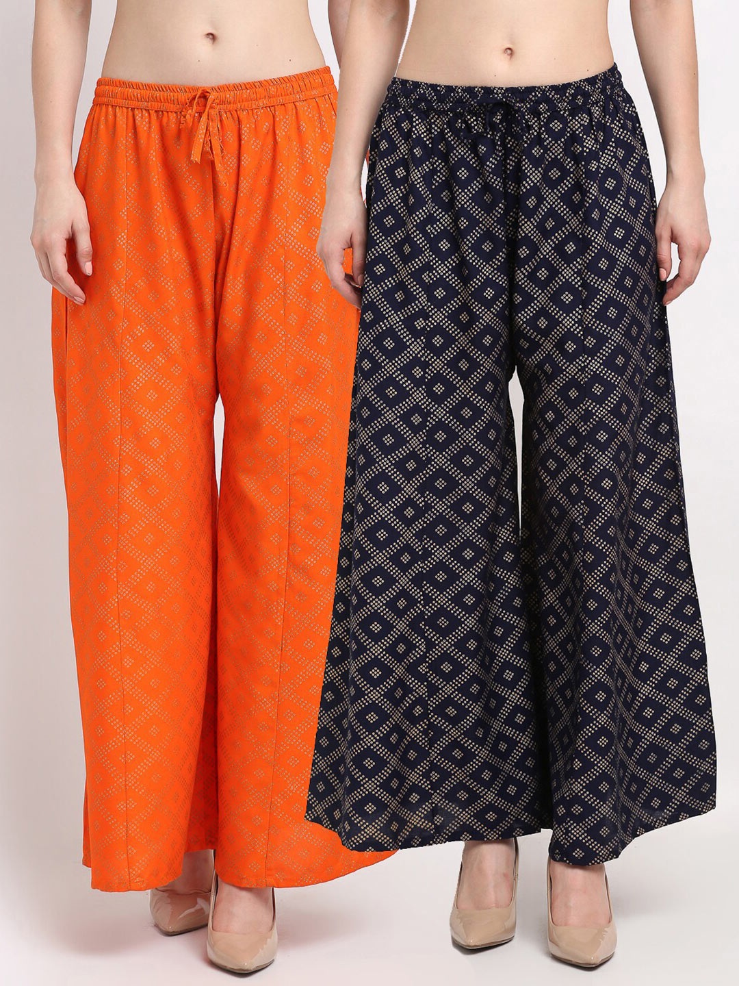 

GRACIT Women Orange & Navy Blue 2 Printed Flared Palazzos