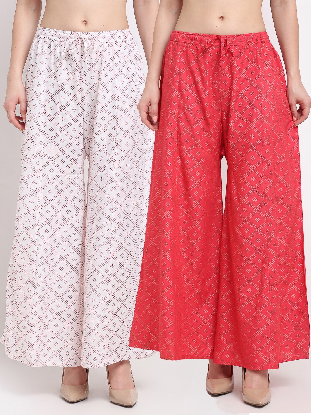 

GRACIT Women White & Pink Printed Flared Palazzos Pack of 2
