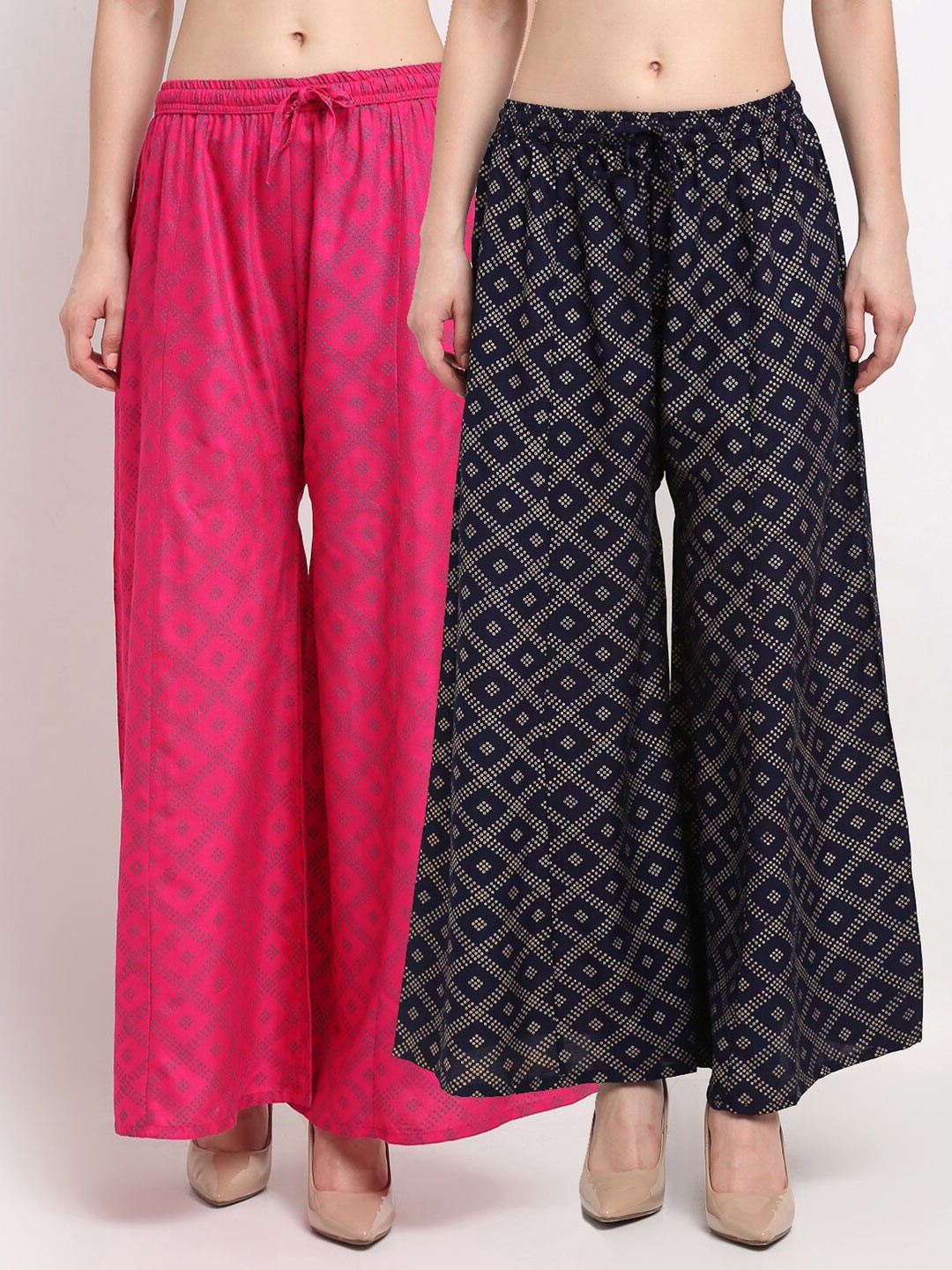 

GRACIT Women Pink & Navy Blue Block Printed Flared Palazzos Pack of 2