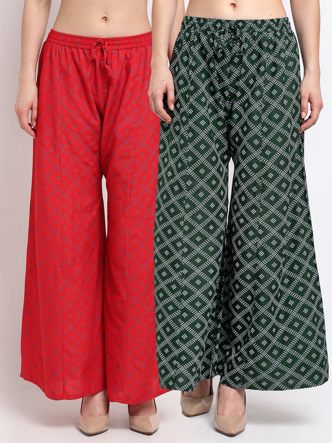 

GRACIT Women Red & Green Printed Flared Palazzos Pack of 2