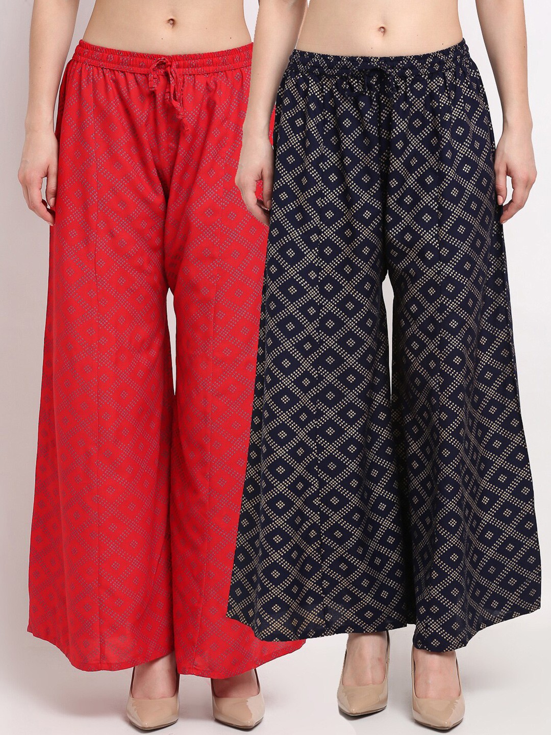 

GRACIT Women Red & Navy Blue Printed Flared Palazzos Pack of 2