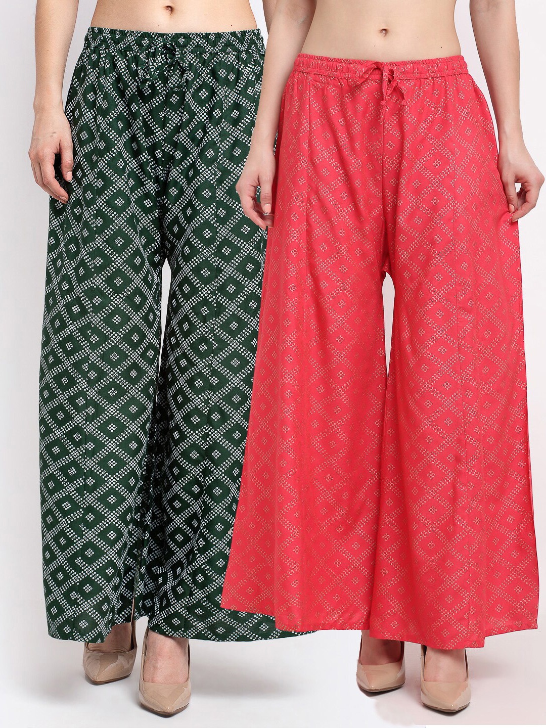 

GRACIT Women Green & Orange Printed Flared Palazzos Pack of 2