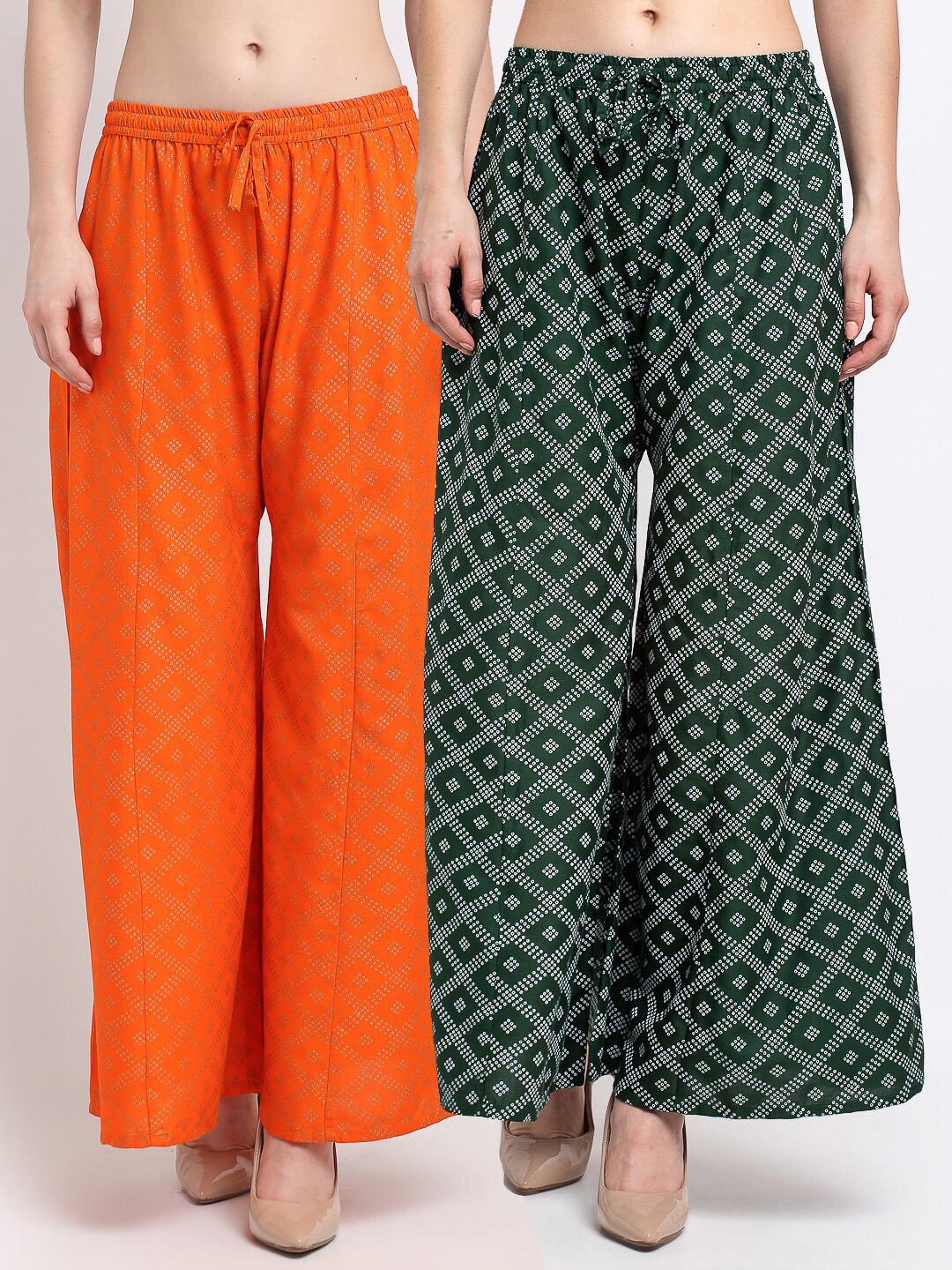 

GRACIT Women Orange & Green Printed Flared Palazzos Pack of 2