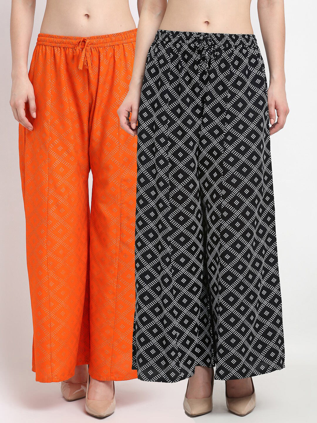 

GRACIT Women Black & Orange Printed Flared Palazzos Pack of 2