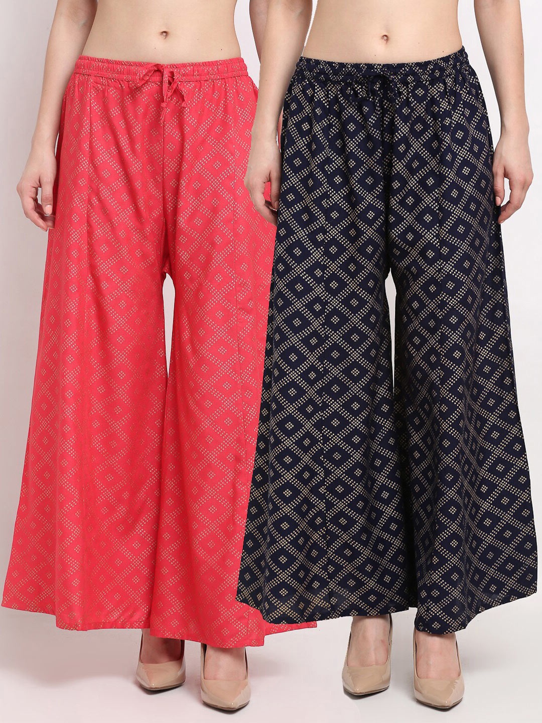 

GRACIT Women Orange & Navy Blue Printed Flared Palazzos Pack of 2