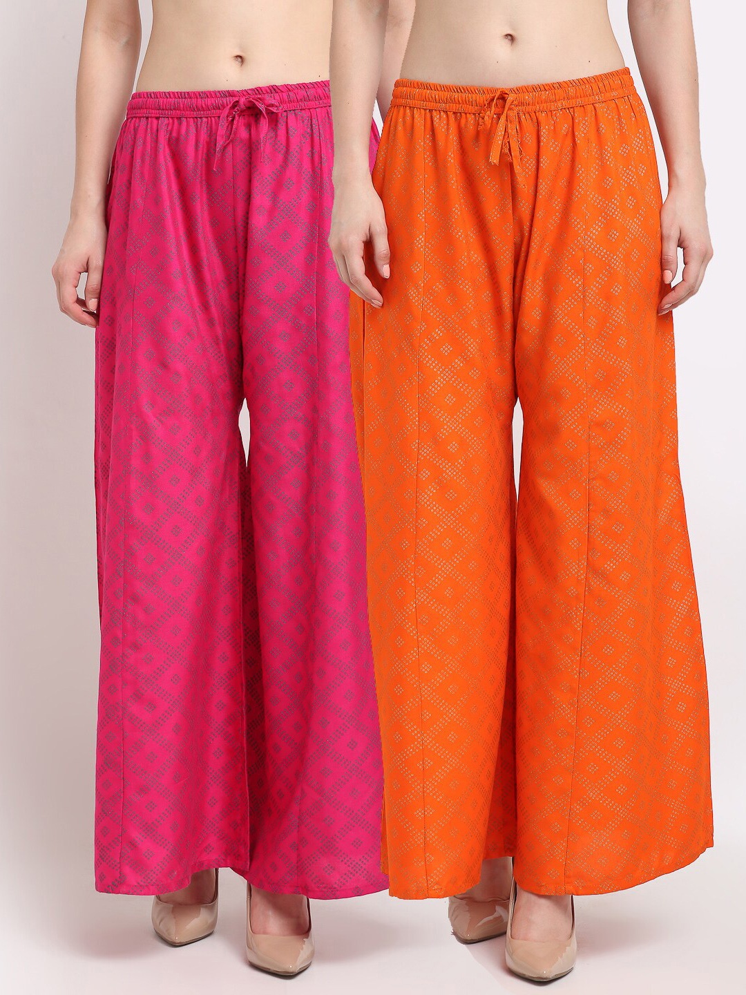 

GRACIT Women Pink & Orange Block Printed Flared Palazzos Pack of 2