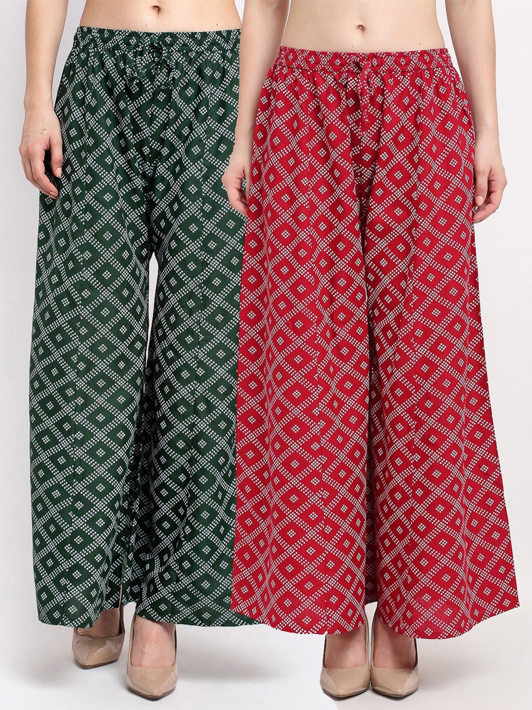 

GRACIT Women Green & Maroon Block Printed Flared Palazzos Pack of 2