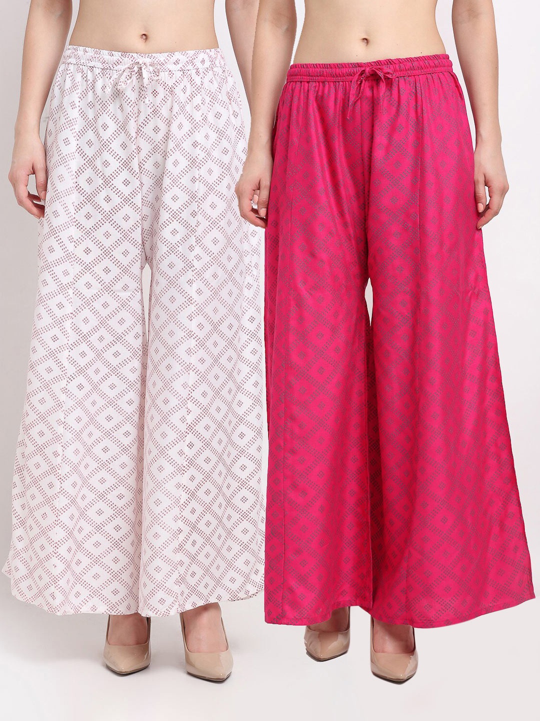 

GRACIT Women White & Pink Block Printed Flared Palazzos Pack of 2